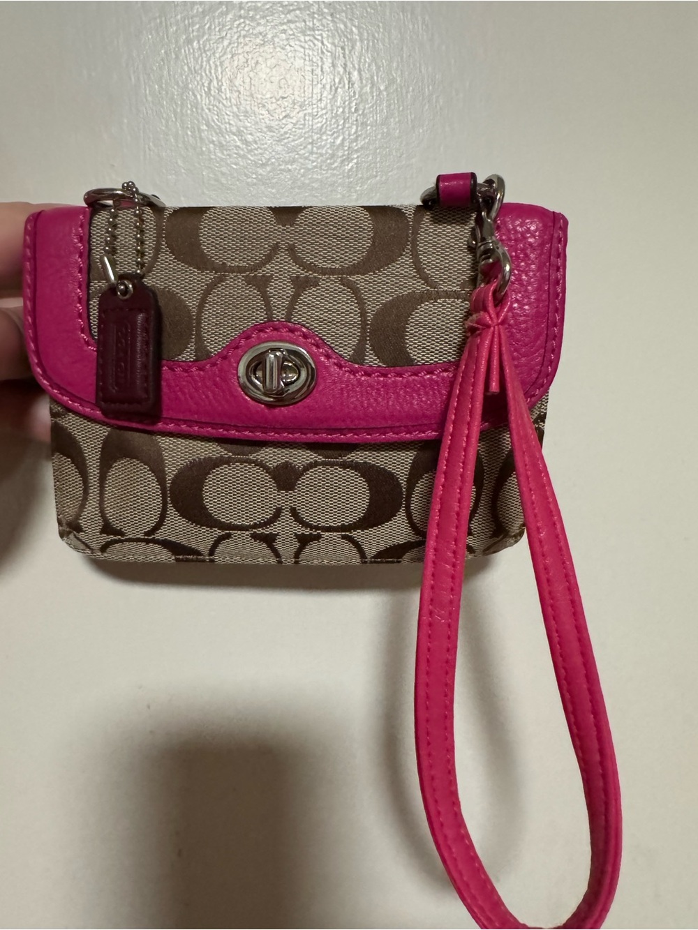 Coach Brown Signature Canvas Wristlet with Hot Pink Trim